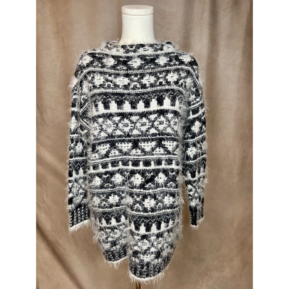 1. State Fuzzy Fair Isle Sweater Small Black White Cozy Knit Pullover